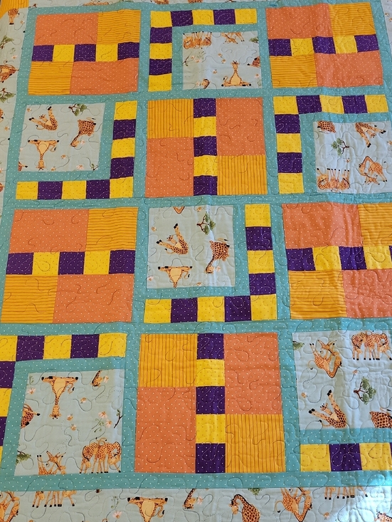 Handmade Other - Patchwork Baby " Zoe the Giraffi" Quilt in Aqua, Orange, Yellow & Purple